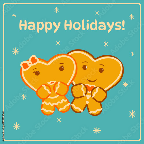 Cute gingerbread couple, girl and boy in heart shape, icing, Happy Holidays, snowflakes, holidays, Christmas, New Year