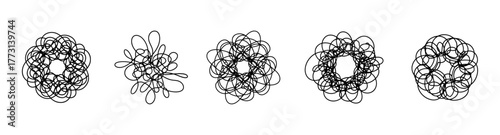 Five Abstract Black Line Circles on White Background