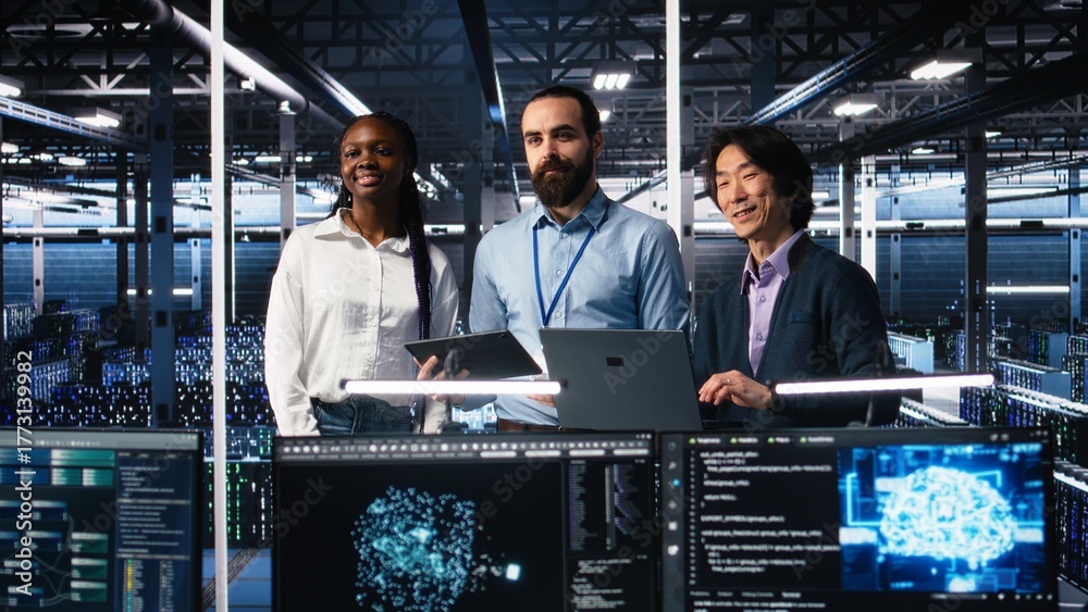 Fototapeta premium Happy data center colleagues collaborating on neural network software development. Cheerful teamworking server hub coworkers implementing machine learning technology in workplace, camera A