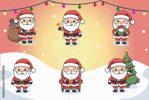 Festive Santa Claus cartoon collection for holiday designs. Cute vector drawings of Santa carrying gifts, next to a tree, wreath, and cocoa.