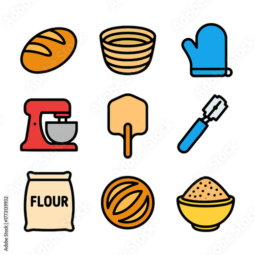 Colorful icons of baking tools and ingredients including bread and flour.