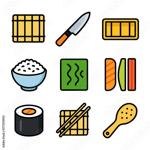 Sushi making set with tools, rice, and seaweed icons illustrations.