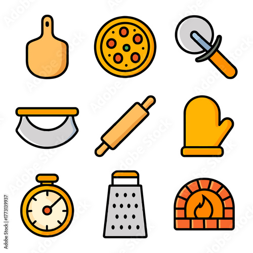 Pizza making icons: paddle, pizza, cutter, cheese grater, oven, rolling pin, oven mitt, timer.