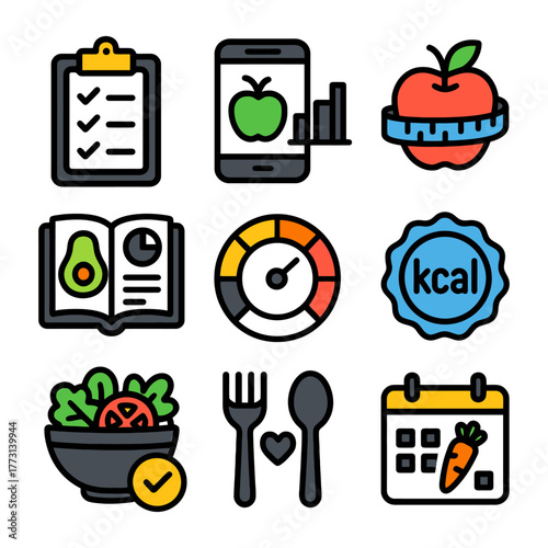Colorful nutrition and health tracker icons including fruits, vegetables, and fitness tools.