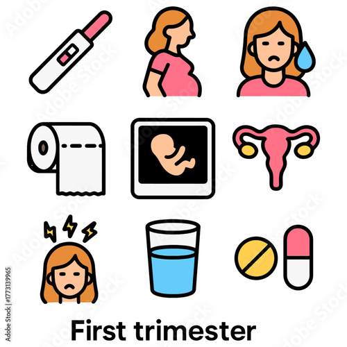 Pregnancy first trimester icons: symptoms and health.