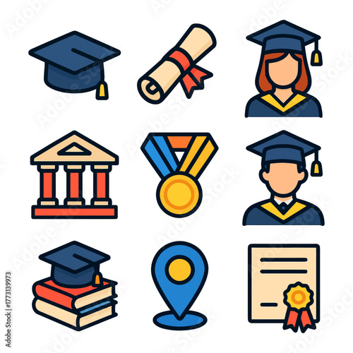 Graduation symbols: cap, diploma, medals, school icon set.