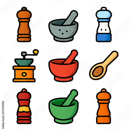 Set of colorful kitchen utensils including grinders, mortar and pestle, spoons.