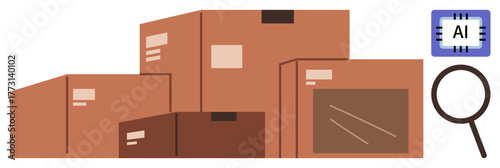 Stacked shipping boxes with a magnifying glass and AI processor analyzing them. Ideal for logistics, automation, technology, quality control, efficiency, innovation, transparency. Simple flat