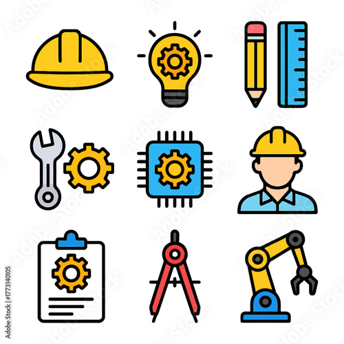 Engineering icons: hard hat, light bulb, pencil, ruler, wrench, gear, microchip, engineer, clipboard, compass, robotic arm.
