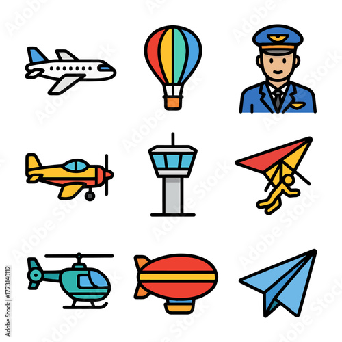 Colorful aviation icons: airplane, hot air balloon, pilot, helicopter, and more.
