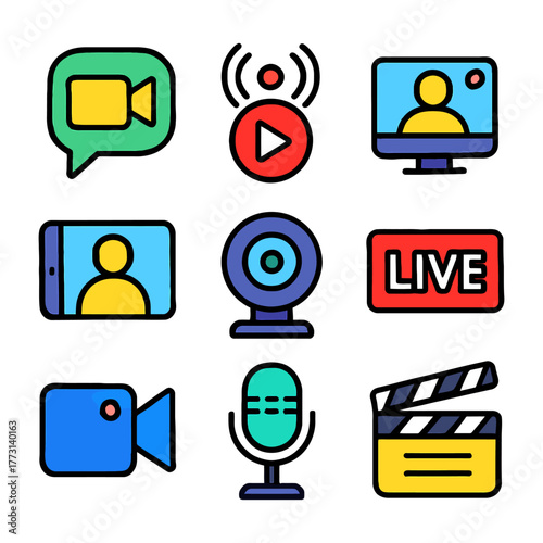 Colorful media icons set for video communication and live streaming.