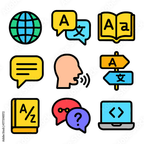 Language learning icons featuring speech, translation, and education symbols.