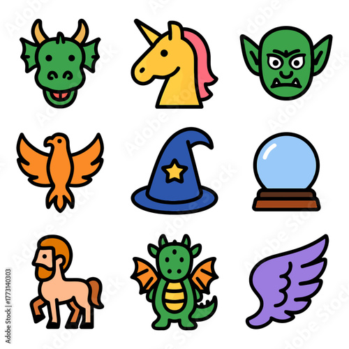 Colorful fantasy icons: dragon unicorn goblin wizard hat crystal ball.