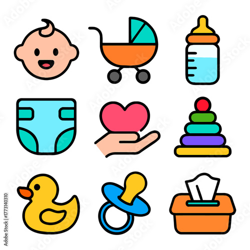 Colorful baby icons set featuring toys, bottle, diaper, and stroller.