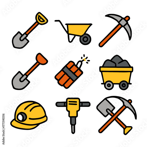 Set of colorful mining tools and equipment icons with shovel and helmet.