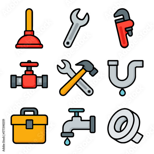 Colorful plumbing tools set featuring wrench, valve, and leaking faucet icons.