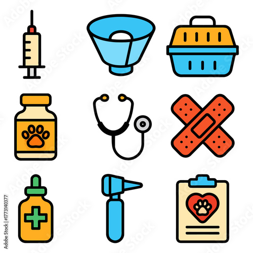 Veterinary tools and supplies icons including syringe, stethoscope, pet carrier, and medication.