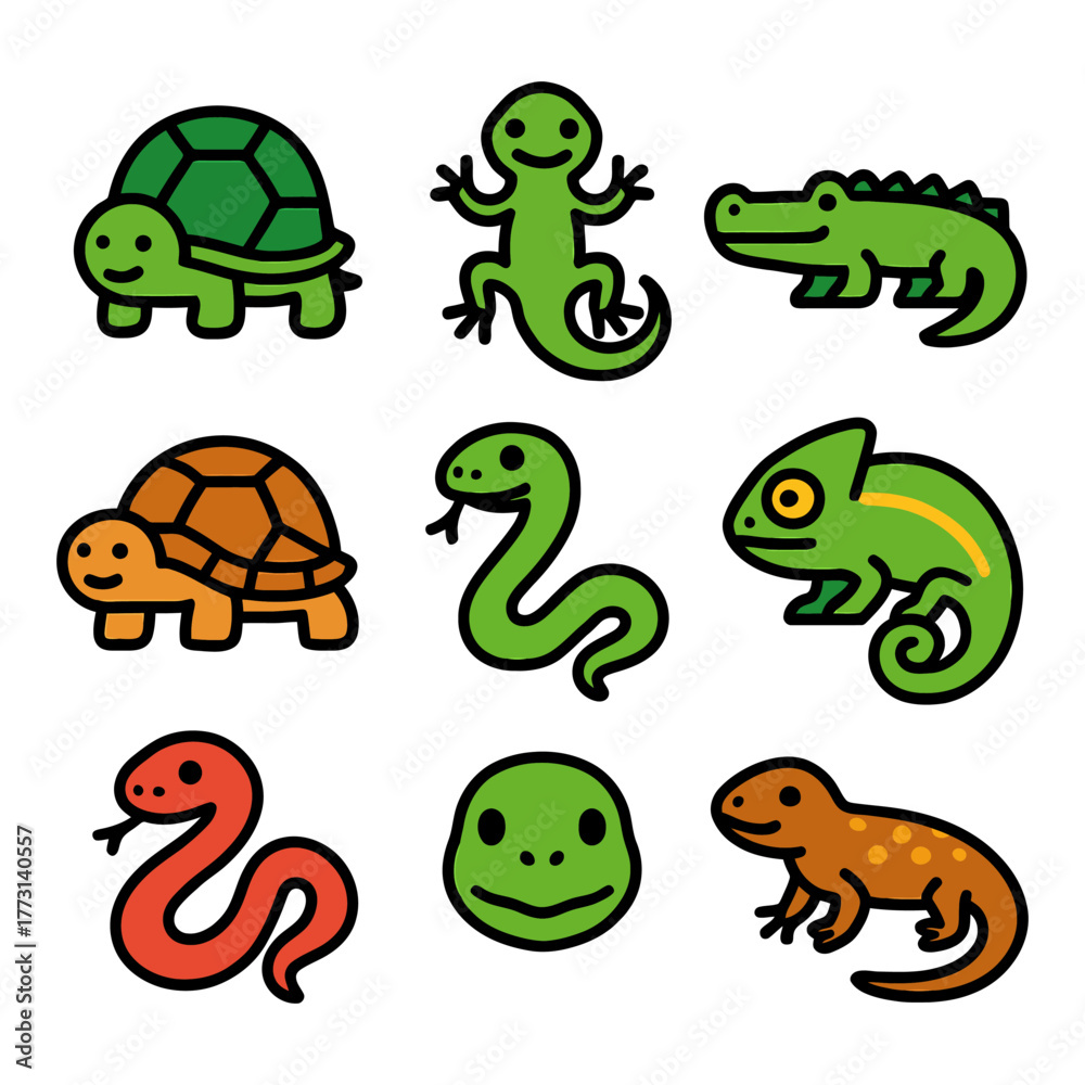 Obraz premium Colorful cartoon reptile collection featuring turtles, lizards, snakes, and crocodile.