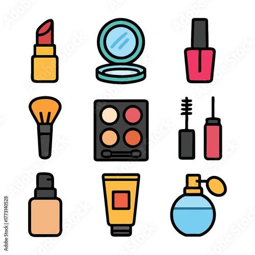 Colorful makeup icons: lipstick, blush, nail polish, brushes, and perfume illustrated.