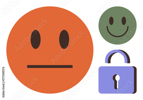 Neutral orange face, green happy face, and purple lock. Ideal for emotion representation, security metaphor, user interface, emotional balance, decision-making, mental health simple flat metaphor