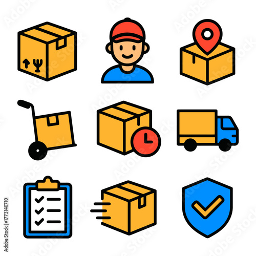 Delivery and shipping icons including parcel, worker, truck, checklist, and location marker.