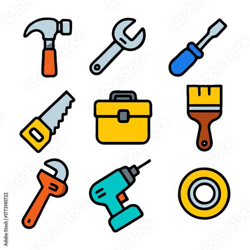 Colorful tool icons set with hammer, wrench, screwdriver, and more.