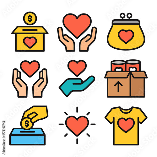 Charity and donation icons featuring heart symbols and hands.