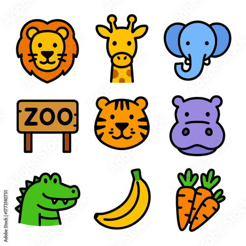 Colorful cartoon zoo animals and sign with fruits and vegetables.