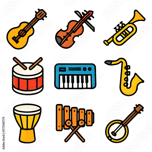 Colorful variety of musical instruments including guitar, violin, trumpet, drums, and more.
