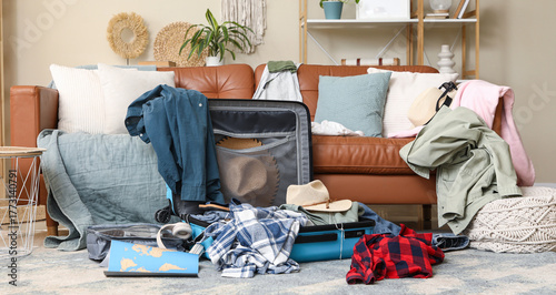 Open suitcase with scattere...
