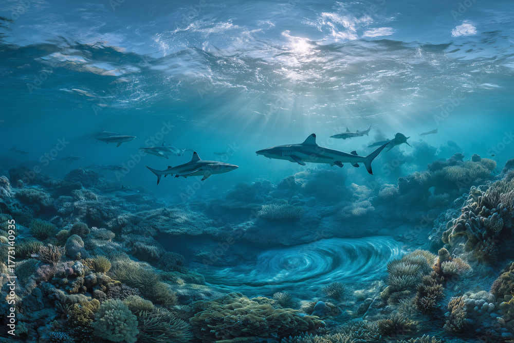 Obraz premium Top-Down Shot Of Blacktip Reef Sharks In Turquoise Lagoon Channel At Slack Tide, Sun-Ray Caustics Over Coral Rubble, East Nusa Tenggara, Clear Tropical Water