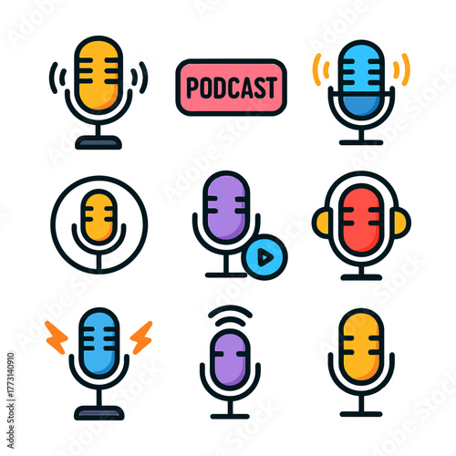 Colorful podcast microphone icons set with play and headphone symbols.