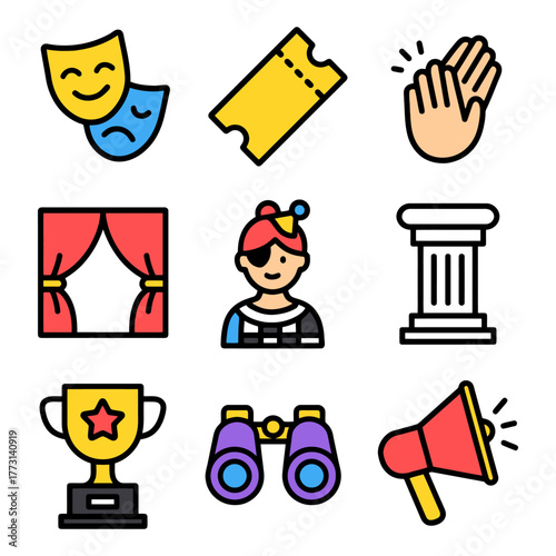 Colorful theater icons featuring masks, tickets, clapping, curtain, clown, column, trophy, binoculars, megaphone.
