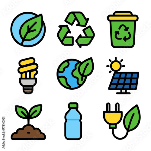 Eco-friendly symbols: recycling, renewable energy, and sustainability icons.