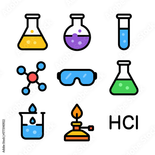 Colorful chemistry icons: beakers, molecules, goggles, and bunsen burner.