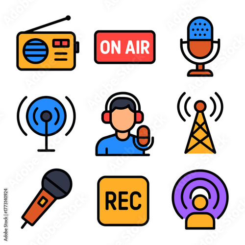 Colorful radio and podcast icons featuring microphones and broadcasting elements.