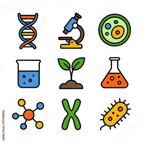 Colorful science icons: dna, microscope, cell, flask, molecule, plant, chromosome, bacteria.