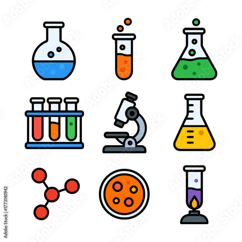 Colorful science icons: flasks, microscopes, test tubes, molecules, and petri dishes.