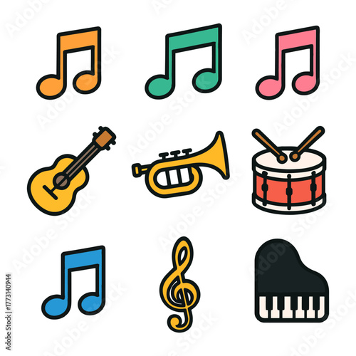 Colorful musical instruments and notes icons collection.