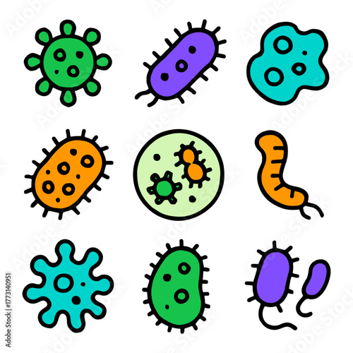 Colorful cartoon microorganisms collection with virus and bacteria icons.