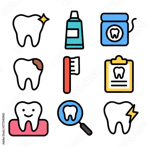Dental care icons: healthy teeth, toothpaste, toothbrush, floss, clipboard, tooth decay, cavity check.