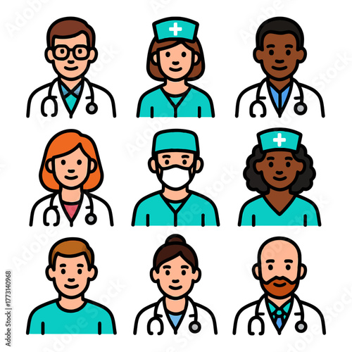 Diverse healthcare team: cartoon medical professionals in uniform.
