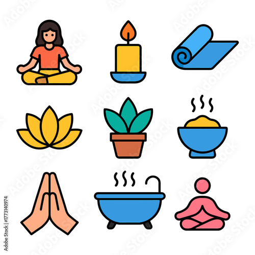 Relaxation icons: yoga, meditation, candle, mat, lotus, plant, bath, hands, bowl.