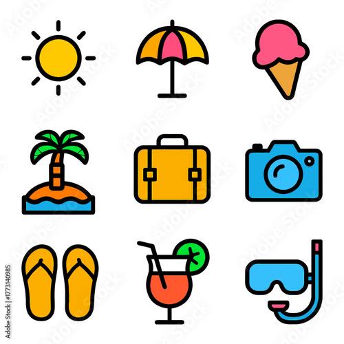 Summer vacation icons: sun, umbrella, ice cream, palm, suitcase, camera, flip-flops, drink, snorkel.