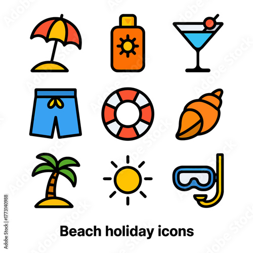 Colorful beach holiday icons featuring umbrella, swimwear, lifebuoy, and cocktail.