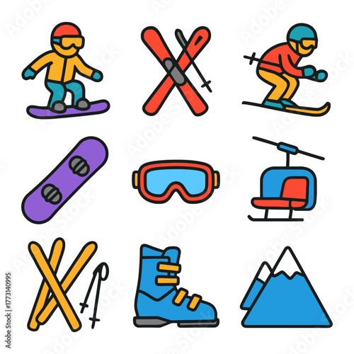 Winter sports icons: snowboarding, skiing, equipment and mountain adventures.