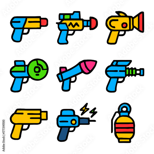 Colorful cartoon space guns and grenade icons in various futuristic designs.