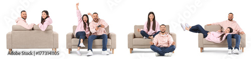 Set of young couple on grey...