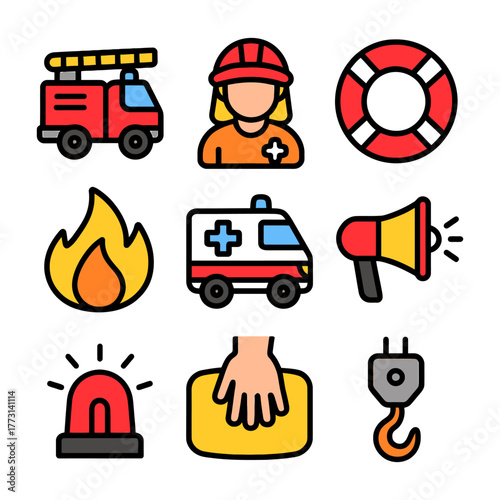 Emergency services icons: fire truck, firefighter, ambulance, and safety symbols.