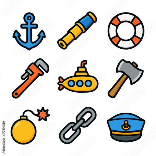 Colorful nautical icons featuring submarine and anchor.
